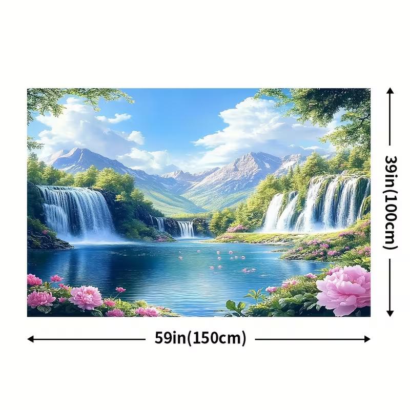 2D Printed Waterfall Lake Scenery Backdrop, Mountain View with Pink Flowers Photo Background for Home Decor