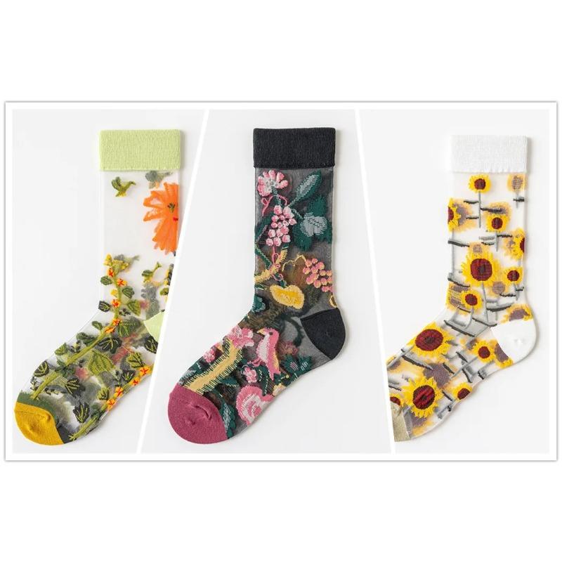 3 Pares Nuevos Set de Calcetines Transparentes Lindos de Gato para Mujer Coreanos Florales Animales Verano Delgados Kawaii Set de Calcetines de Seda para Mujer