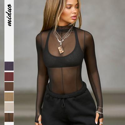 Haut pour femme sexy et piquant en maille transparente à manches longues, coupe slim flatteuse, col mi-haut