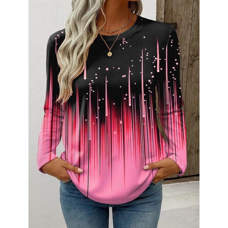 

Spring and Autumn Round Neck 3D Gradient Colorful Printed Top Fashionable Casual Long Sleeved Women s T-shirts XXXL