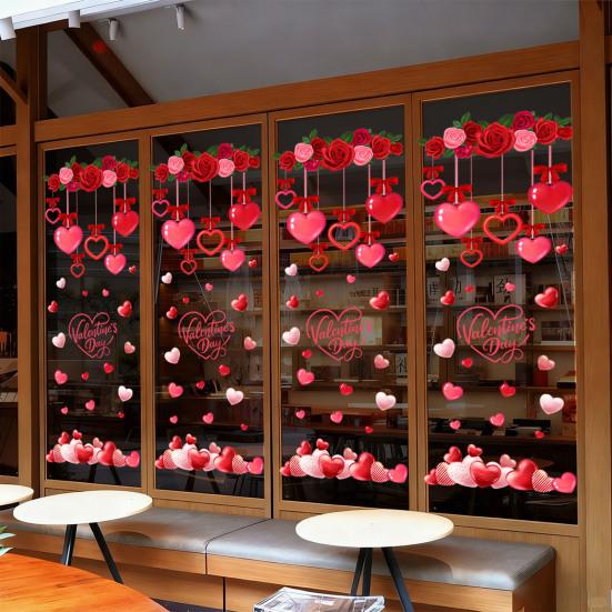 Valentine's Day Window Clings Decoration Red Pink Heart Stickers Reusable Static Decals for Home