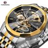 FORSINING Original Gold Skeleton Mechanical Man Watch Automatic Movement Clock Luxury Stainless Steel Men's Watches