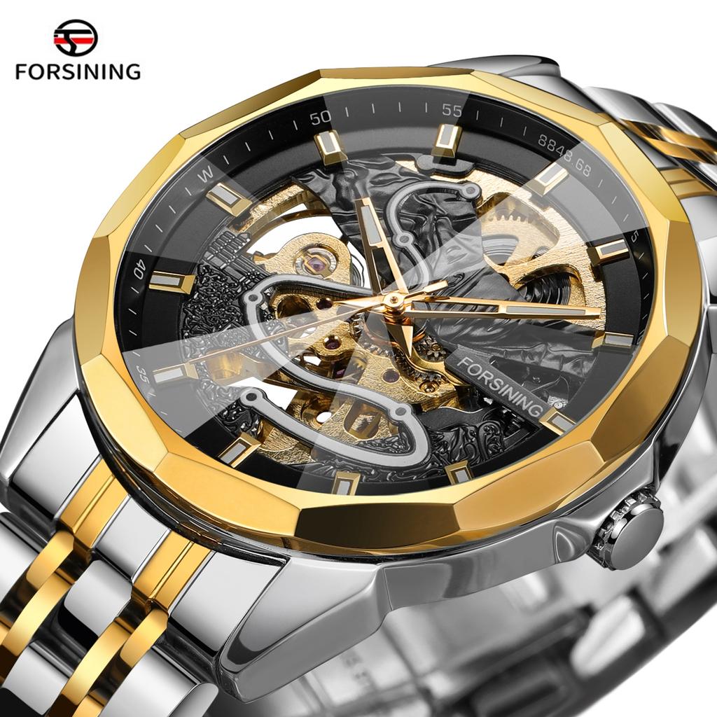 FORSINING Original Gold Skeleton Mechanical Man Watch Automatic Movement Clock Luxury Stainless Steel Men's Watches