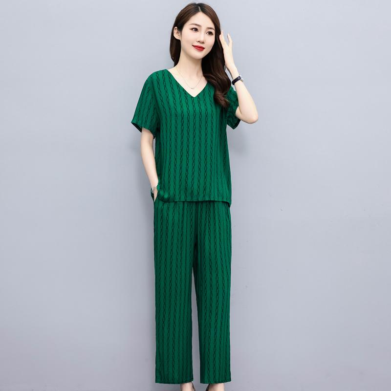 Sommeranzug für Frauen im mittleren Alter Neue elegante zweiteilige Sets Damen-Outfits Lose Vintage-Druck-Hosen-Set mit weitem Bein