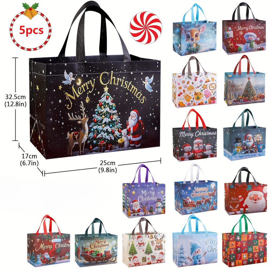 5pcs Large Christmas Gift Bags with Handles - Extra-Large Party Favor Bags- Reusable Santa, Snowman, Christmas Tree Designs
