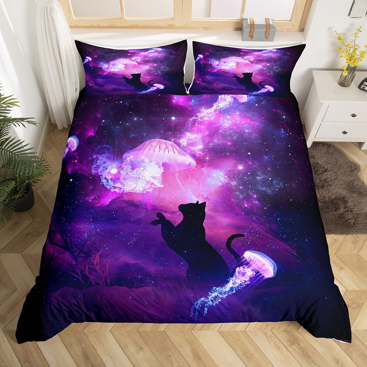 

Комплект постельного белья с изображением медузы, фиолетовая галактика, светящаяся медуза, комплект постельного белья, вселенная и морские существа, 2/3 шт., покрывало для детей EU single(135x200cm)