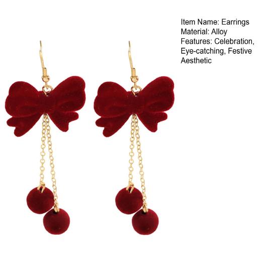 Fashionable Face Slimming Earrings 1 Pair Velvet Bow for Women, Red Christmas Bowknot Dangle Drop Sophisticated Banquet Jewelry with Ball Charm, Gift