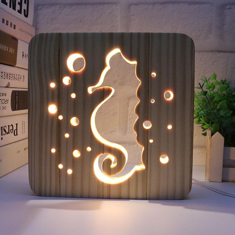 Creative 3D Night Lamp Corporate Gift Design Letter Music Notes Solid Wood Hollowed-out Carving LED Desk Lamp Wooden