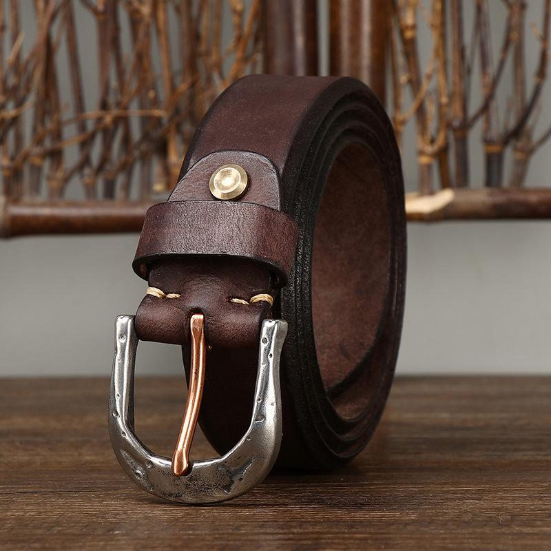 Men's Leather Belt Amekaji American Retro Manual Thickened First Layer Cowhide Stainless Steel Buckle Genuine Leather Belt Men's