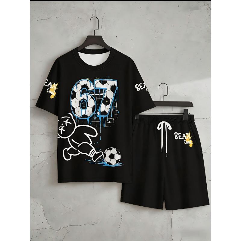 Men s summer teddy bear letter print comfortable breathable round neck T-shirt drawstring shorts set L