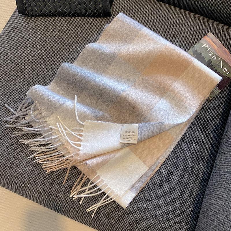 New Wool Warm Scarf for Women in Color Blocked Plaid Scarf Long Tassel Scarf Thickened and Warm