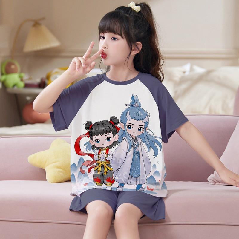 Girls Modal Cotton Pajama Set Short Sleeve Lightweight Sleepwear Cartoon Print Home Outfit Kids