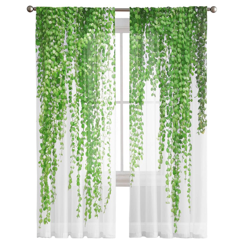 Plant Green Rattan Leaves Tulle Curtains For Bedroom Modern Voile Curtains Home Decoration Window Curtains