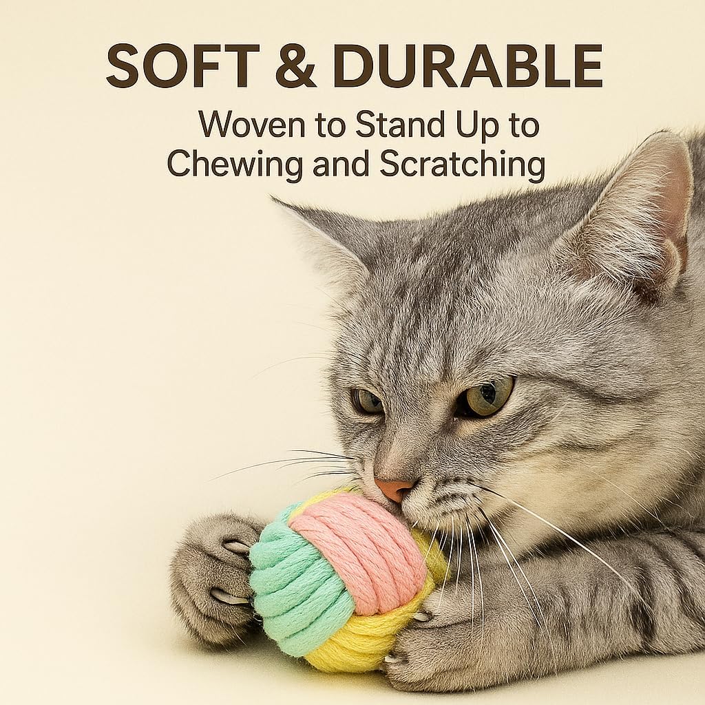 Cat Chew Balls – 6-Pack Rope Cat Toys with Crinkle Sound, Soft and Durable, for Indoor Cats, Kittens, Teeth & Gum Health