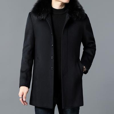 Fleece-lined Men's Wool Coat Winter Clothing Middle-Aged Business Leisure Mid-Length Big Fur Collar Woolen Coat Fashionable for Dad