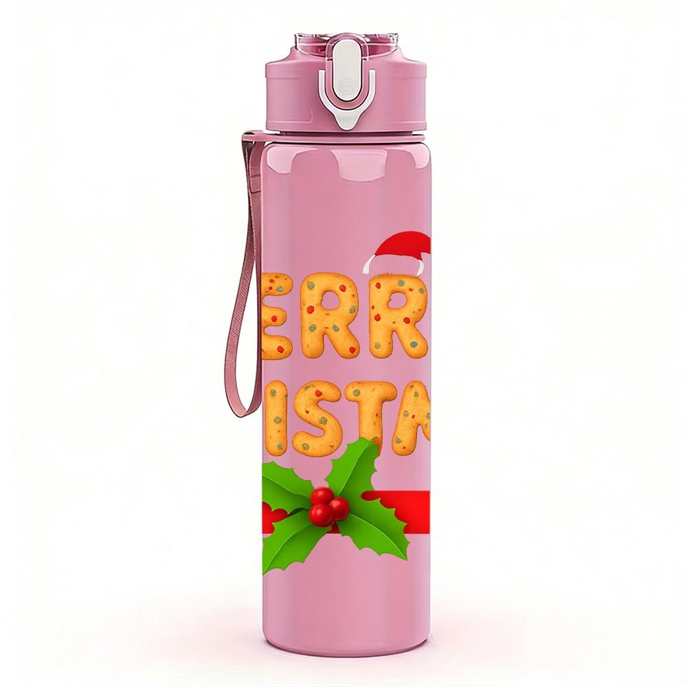 1PC Merry Christmas Banner Text Pattern 750ml Color Plastic Sports Water Bottle Leakproof Flip Straw Lid Suitable for Sports Office Home Use