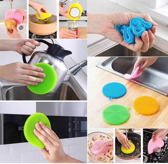 PICKWALK Silicone Dish Scrubber (Pack of 2) – Food Grade BPA-Free Sponge Brush, Reusable Rubber Cleaning Pad for Kitchen Dishes, Fruits & Vegetab