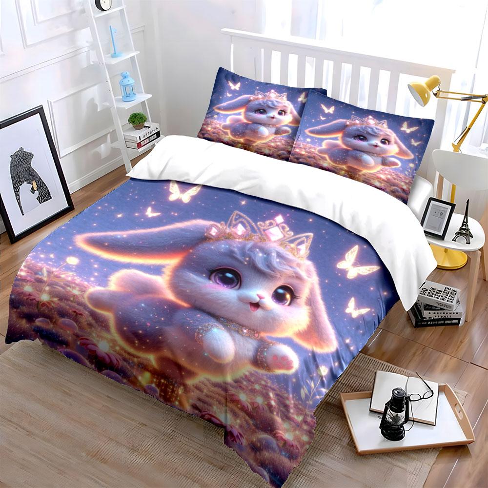 Dreamy Bunny And Glowing Butterflies Duvet Cover Set With 3D Printing Design Soft Polyester Bedding Set All-Season Comfort