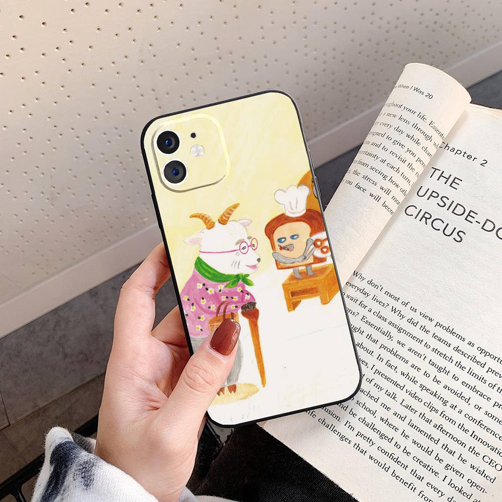 P-Picture Book Bread Phone Case For IPhone 17 Air 16 15 14 13 Pro Max 11 12 Black Silicone Cover
