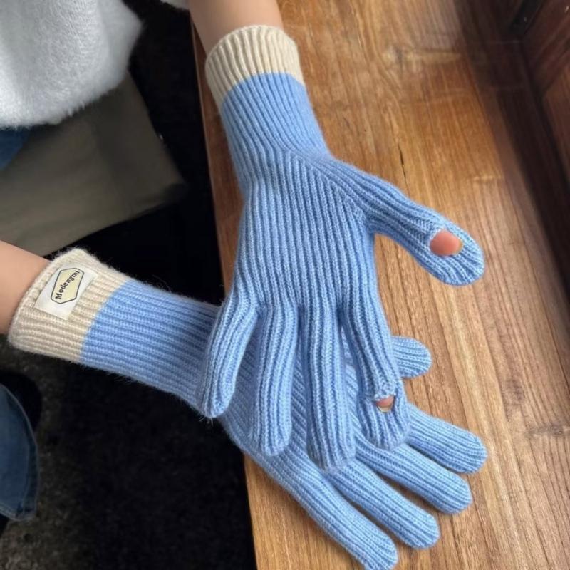 Womens Warm Knitted Full Finger Gloves Outdoor Riding Touchable Screen Colorblock Letters Label Decor Thermal Mittens