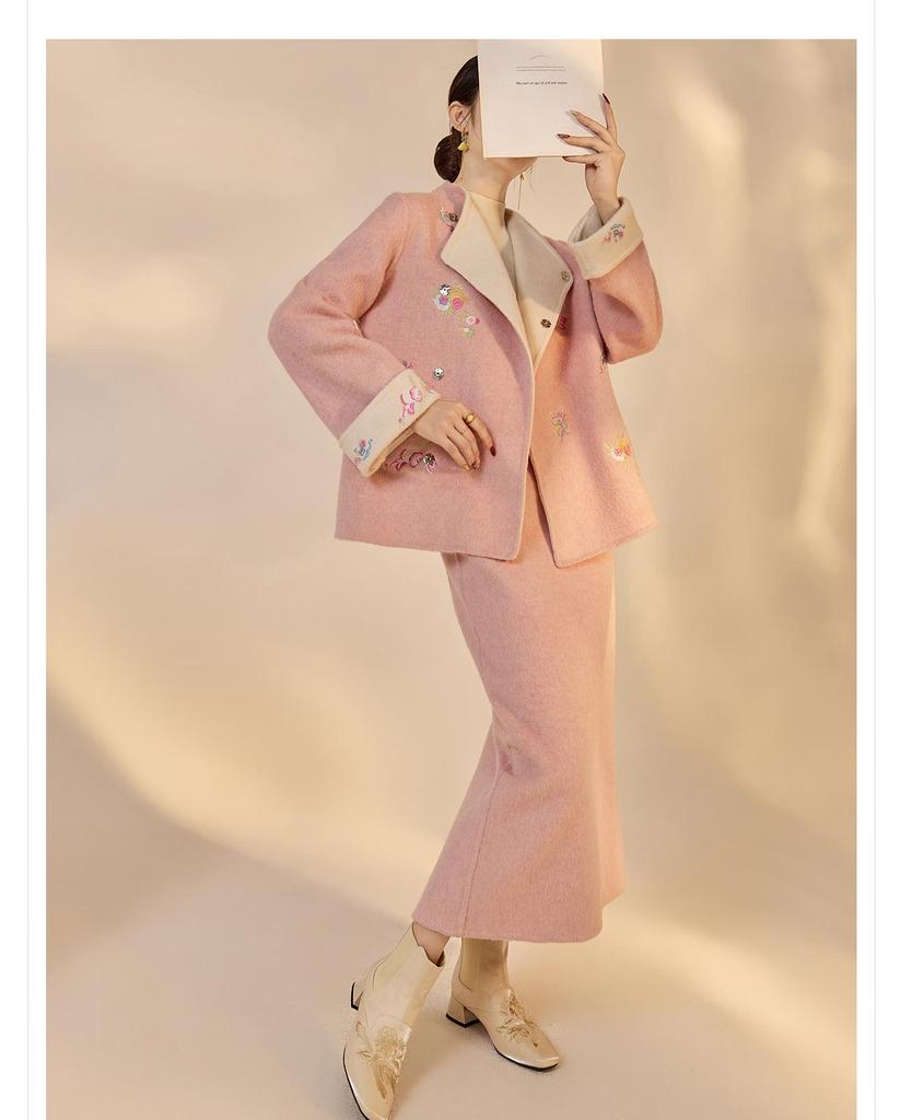 New Chinese Embroidered Wool Coat & Skirt Set - Women's NY027