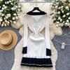 French retro contrasting color polo collar long-sleeved single-breasted slim-fit dress women's waist temperament ruffle edge sweater skirt