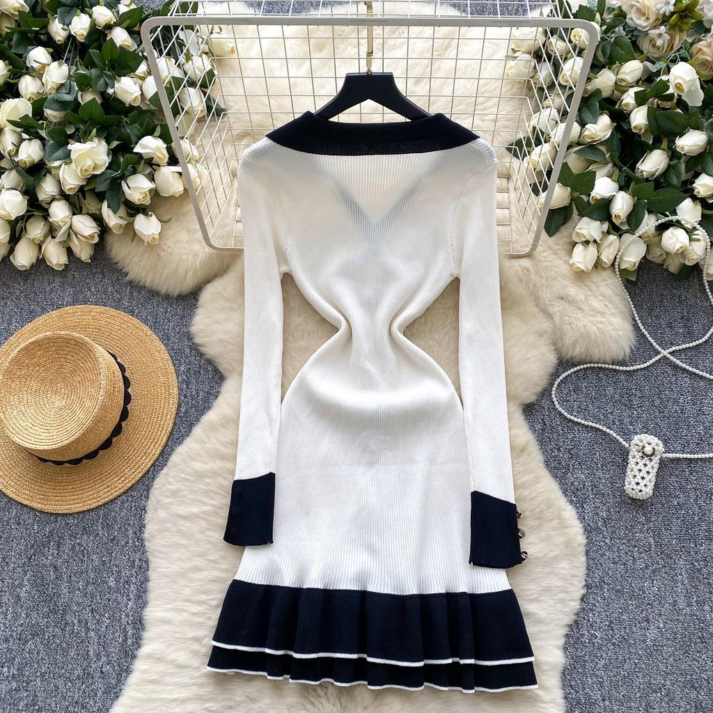 French retro contrasting color polo collar long-sleeved single-breasted slim-fit dress women's waist temperament ruffle edge sweater skirt