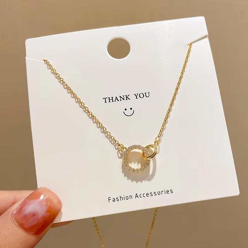 Luxus Mode Goldfarbe Edelstahl Zirkon Doppelring Anhänger Halsketten Für Frauen Charme Braut Halsband Party Schmuck Geschenk