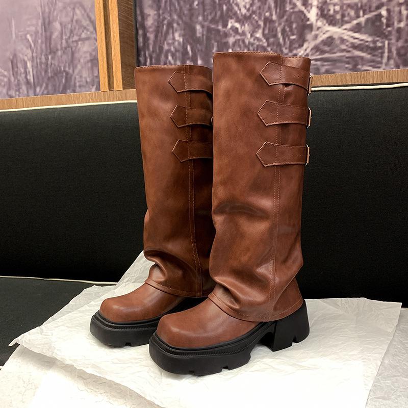 

2025 new trendy American Spice Girls travel wearing matching pants, thin belt buckle, western cowboy boots, stacking boots 40 коричневый