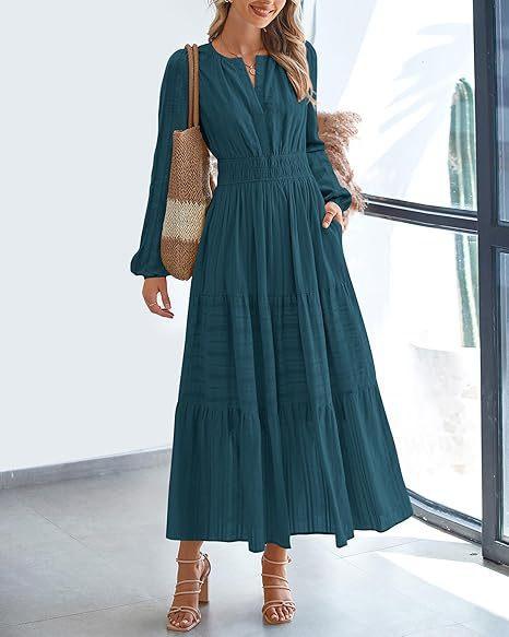 Autumn and winter 2026 new European and American women's clothing fashion V-neck pleated waist long-sleeved long dress dress women
