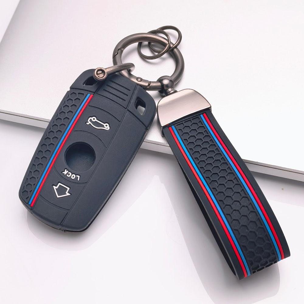 Silicone Car Key Fob Cover with Matching Keychain Designed for BMW 1 3 5 Series X1 X3 X5 E90 E60 E87 E91 E92 E84 E70 This Protective Key Case Features