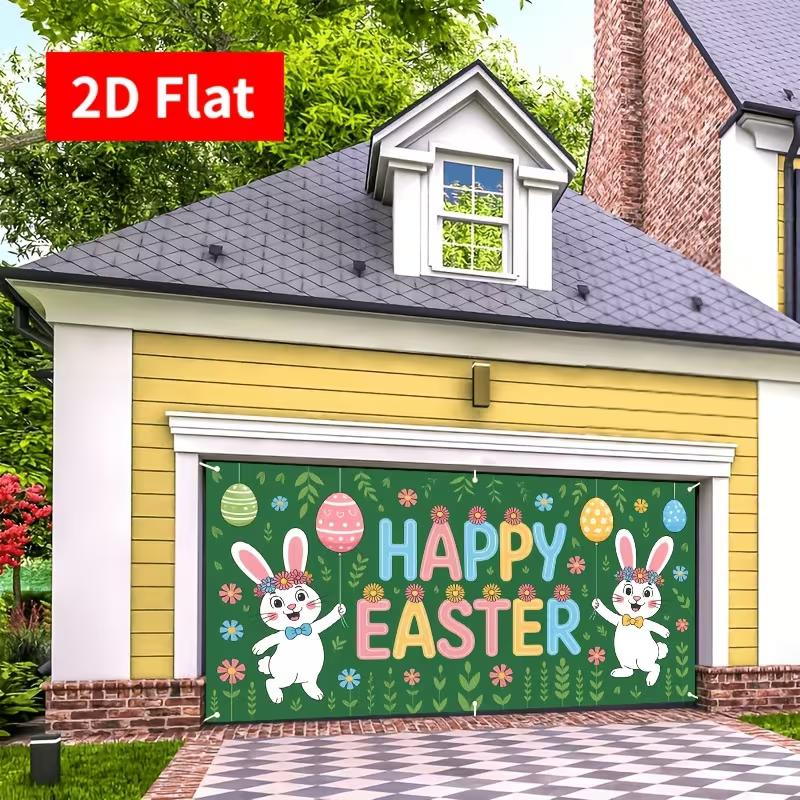 2D Happy Easter Garage Door Banner with Cartoon Bunnies, Colorful Eggs and Spring Flowers