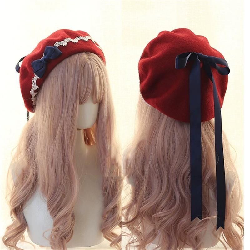 Fashion Lolita Japanese Style Beret Hat Sweet Woolen Bow Beret Warm Handmade Winter Berets Hat Women Girls