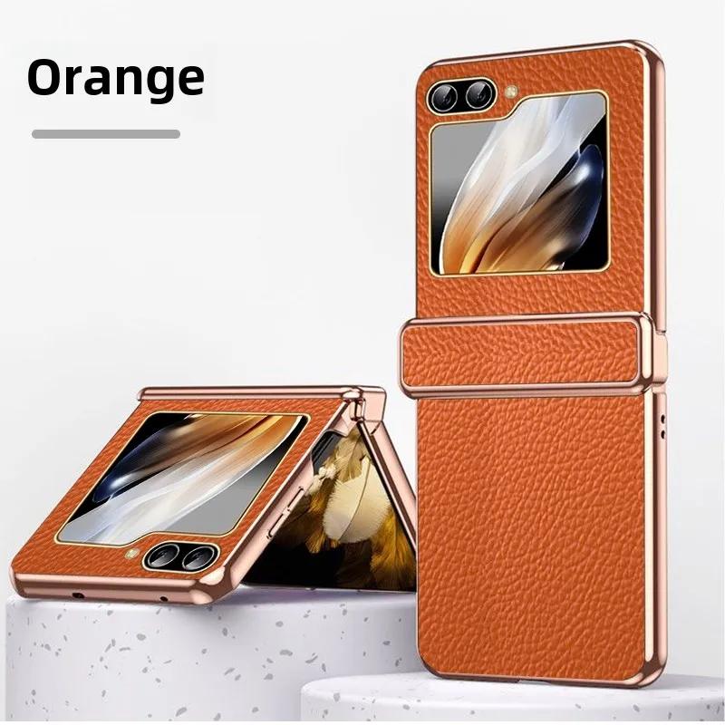 

Electroplated Gold and Silver Frame PU Leather Phone Case for Samsung Z Flip 6 5 4 3 Flip6 Flip5 Flip4 Flip3 Protective Cover For Samsung Galaxy Z Flip6 помаранчевий