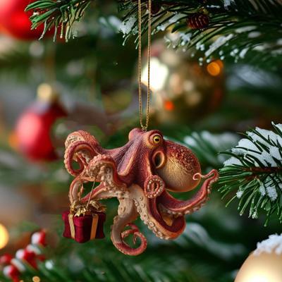Christmas Octopus Ornament Coastal Holiday Hanging Decoration 2D Acrylic Deep Sea Xmas Tree Ornament Nautical Gift for Ocean Lovers