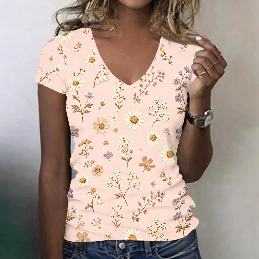 Women Casual V Neck Short Sleeve Floral Print T Shirt Lightweight Soft Fabric Summer Top Comfortable Fit