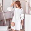 European Retro Court Style Puff Sleeve Lace Dress - Waist-Slimming, Hollowed-Out, Three-Quarter Sleeves Women's Clothing