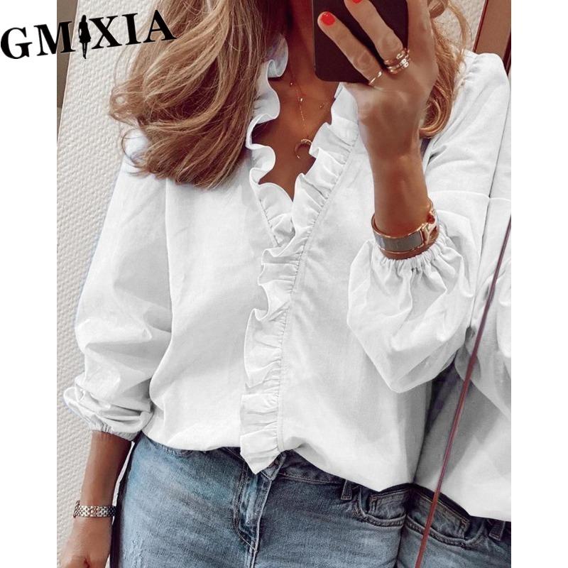 GMXIA Women's Fashion Casual Leisure Solid Color Print Long Sleeve V Neck Blouses & Shirts