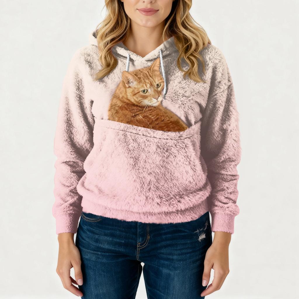 Damen Modisches Lässiges Fleecegefüttertes Langarm-Taschen-Kapuzen-Sweatshirt mit Aufdruck
