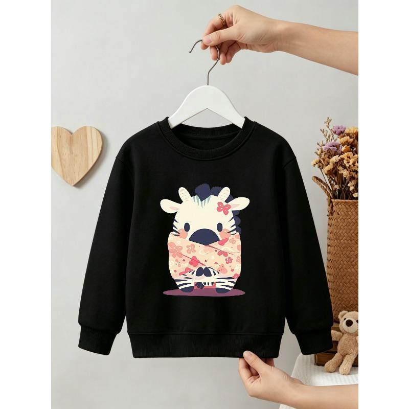 Kids Unisex Crewneck Sweatshirt, Cute Cartoon Zebra Wrapped In Floral Blanket Print Light Heather Gray Soft Fleece Pullover
