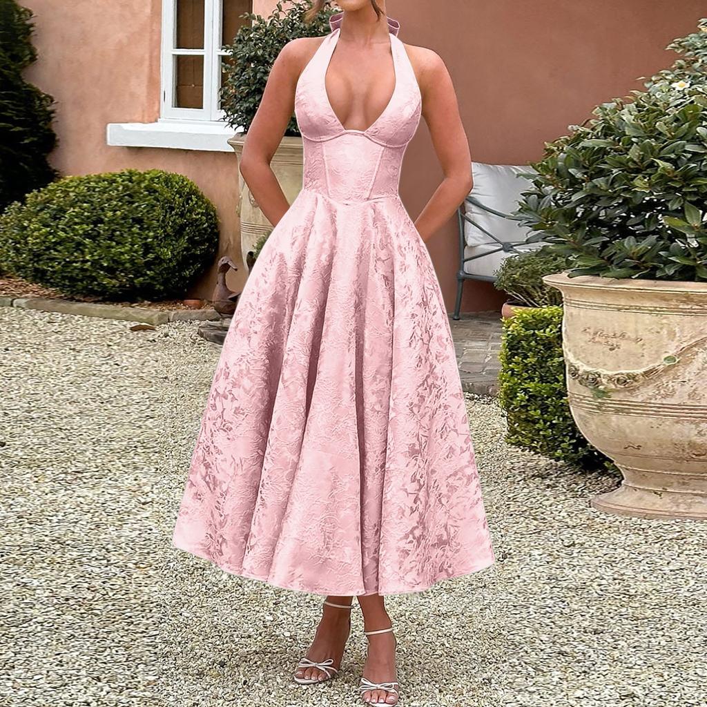 Vestido de Noche de Alta Gama para Mujer con Cuello en V y Espalda Descubierta, de Color Sólido, con Temperamento de Verano, Sin Mangas y con Cintura Ceñida