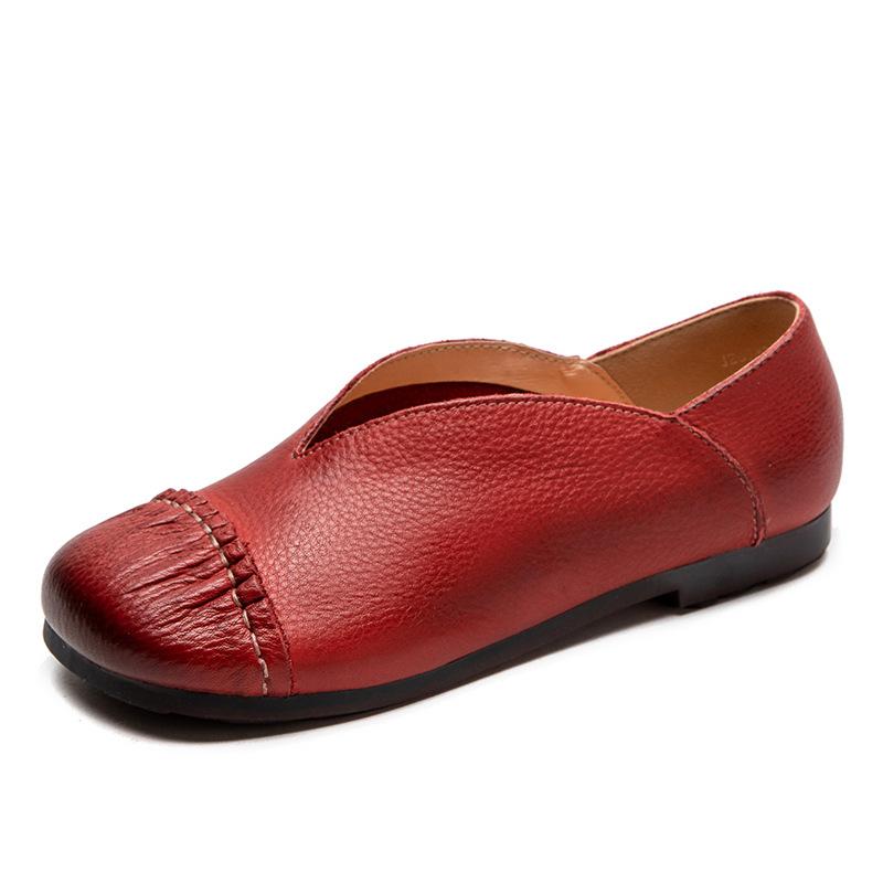Women's Spring Vintage Casual Shoes - Top Layer Cowhide Slip-On Mom Shoes with Soft Sole, Round Toe Comfortable Low-Top Shoes