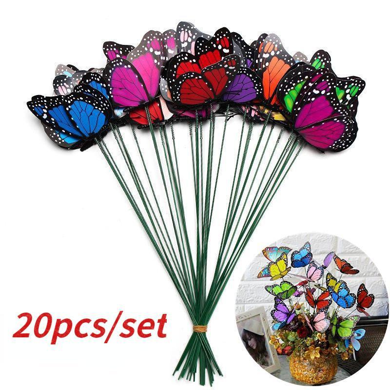 Lot de 20 papillons artificiels 3D imperméables pour jardin, mariage, cour, pots de fleurs d'extérieur, décoration