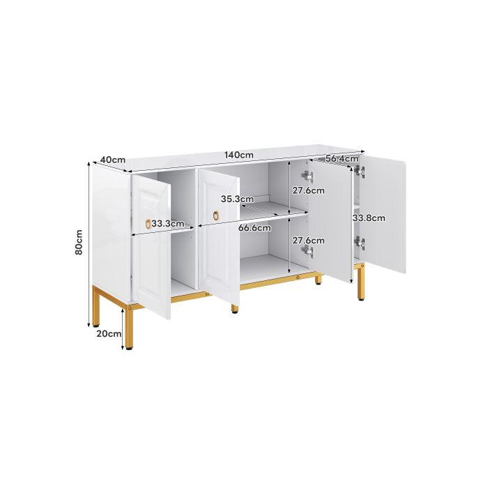 Buffet 140 x 40 x 80 cm - 4 portes - Avec étagères réglables - Finition brillante - Blanc + Or