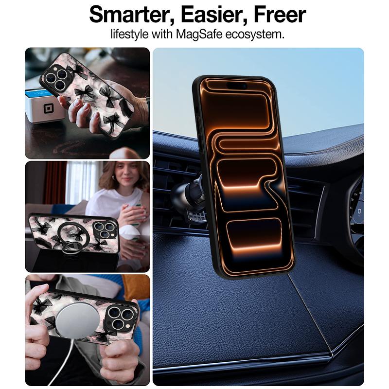 Translucent Matte Magnetic Phone Case For iPhone 17 16 15 Pro 14 13 Pro Max 16e 17e For Magsafe Bowknot Print Hard PC Back Cover
