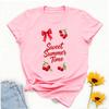 Red Cherry Bow Crew Neck Short Sleeve Tshirt Sweet Summer Time Retro Fruit Design Funny Outdoors High Quality Cotton Shortsleev