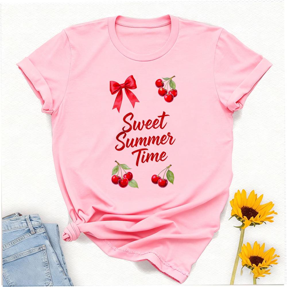 Red Cherry Bow Crew Neck Short Sleeve Tshirt Sweet Summer Time Retro Fruit Design Funny Outdoors High Quality Cotton Shortsleev