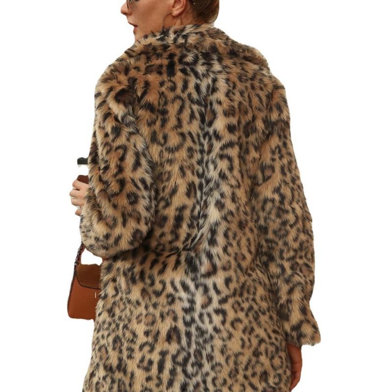 4 imitation fur women's suit collar long leopard print coat autumn and winter new long-sleeved plush coat