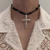 Personality Punk Sliver Color Vine Entwined Cross Pendant Black Leather Rope Necklace for Women Men Collar Chain Jewelry Gifts