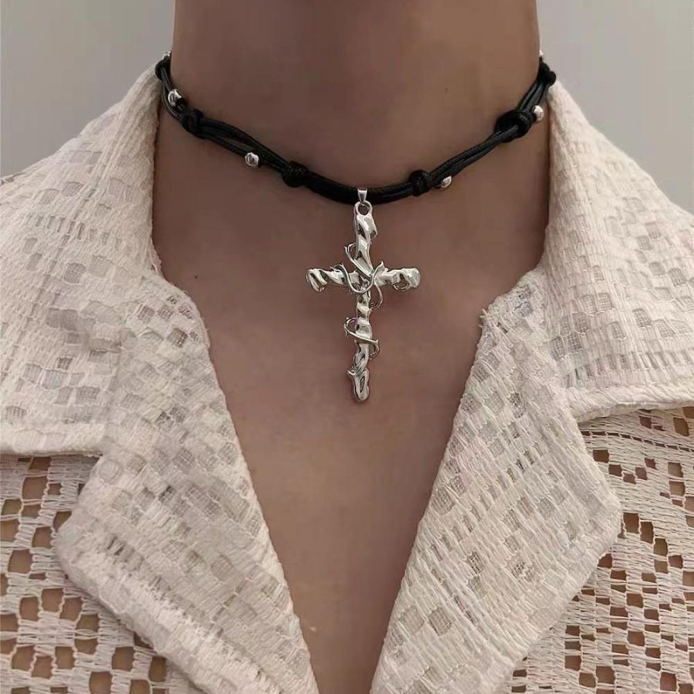 Personality Punk Sliver Color Vine Entwined Cross Pendant Black Leather Rope Necklace for Women Men Collar Chain Jewelry Gifts